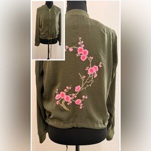 H&M Olive Bomber Jacket | Cherry Blossom Embroidered Patch Street Style